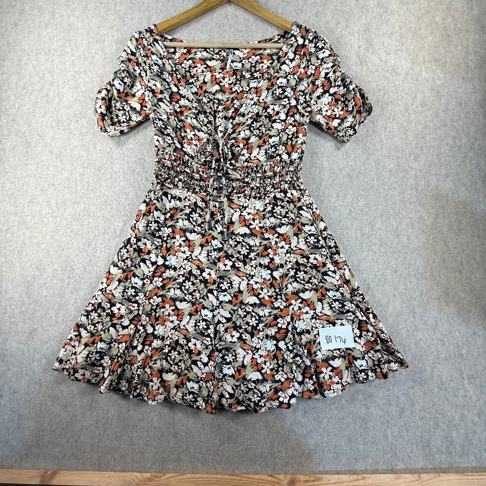Free People Floral Smocked Waist Tie Front Mini Dress Orange Green Size 0